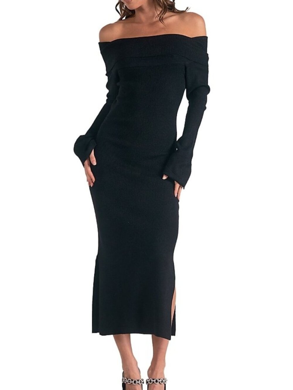 Elan Women's Size S Off The Shoulder Black Midi Sweater Dress NEW